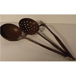 THREE PIECE HANDWROUGHT IRON, LONG HANDLED FIREPLATE COOKING SET