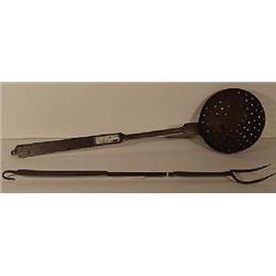 TWO HANDWROUGHT IRON FIREPLACE COOKING TOOLS