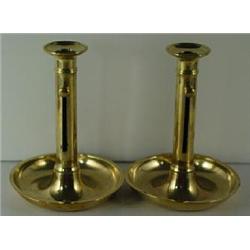 PAIR OF ENGLISH BRASS SAUCER BASIN PUSH-UP CANDLESTICKS