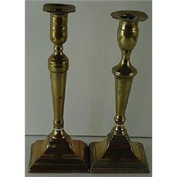 TWO UNMATCHED  ENGLISH BRASS SAUCER BASIN PUSH-UP CANDLESTICKS