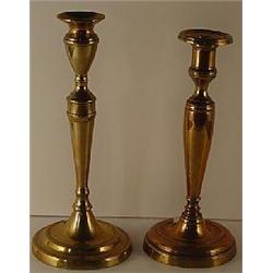 TWO UNMATCHED TALL ENGLISH BRASS CANDLESTICKS