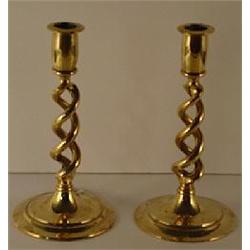 PAIR OF ENGLISH BRASS SPIRAL TWISTED COLUMNAR CANDLESTICKS