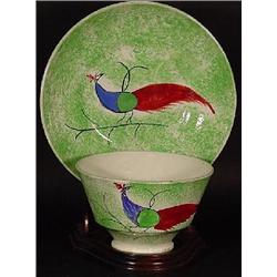 "PEACOCK" / SPONGE SPATTERWARE HANDLE-LESS TEA CUP AND MATCHING SAUCER