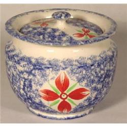 BLUE SPONGE SPATTERWARE COVERED SUGAR BOWL