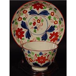 GAUDY ENGLISH PEARLWARE HANDLE-LESS TEA CUP AND MATCHING SAUCER