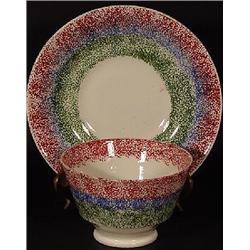 RAINBOW SPATTERWARE HANDLE-LESS TEA CUP AND MATCHING SAUCER