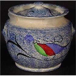 "PEACOCK" BLUE SPATTERWARE COVERED SUGAR BOWL