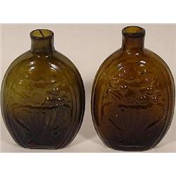TWO MOLD BLOWN DARK OLIVE AMBER (HALF PINT) WHISKEY FLASKS