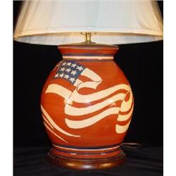 GLAZED PATRIOTIC REDWARE POTTERY WIDE MOUTH VASE