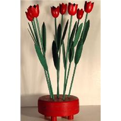 EIGHT HAND CARVED AND PAINTED WOODEN RED TULIPS