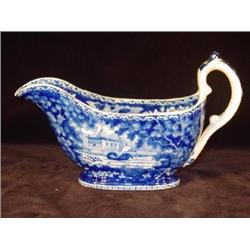DARK BLUE ENGLISH STAFFORDSHIRE TRANSFER DECORATED GRAVY BOAT