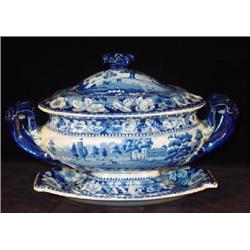 THREE PIECE MEDIUM BLUE TRANSFER DECORATED PORCELAIN COVERED GRAVY TUREEN AND TRAY