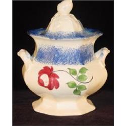 BLUE SPONGE SPATTERWARE PORCELAIN COVERED SUGAR BOWL