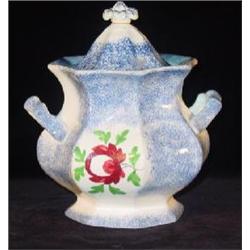 BLUE SPONGE SPATTERWARE PORCELAIN COVERED SUGAR BOWL
