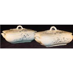 PAIR OF RECTALINEAR / SERPENTINE IRONSTONE COVERED VEGETABLE DISHES