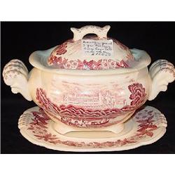 PINK TRANSFER DECORATED PORCELAIN COVERED GRAVY OR SAUCE TUREEN