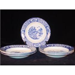 SEVEN ENGLISH BLUE TRANSFER DECORATED 9" RIM SOUP PLATES