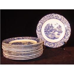 THIRTEEN 10" ENGLISH BLUE TRANSFER DECORATED DINNER PLATES