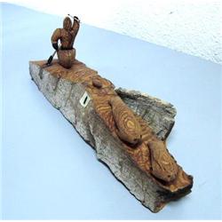 Cottonwood carving 16" long of hunter and 2 whales (2)