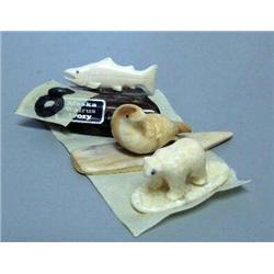 Group of 3 small carvings: bear, seal, salmon (2)
