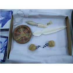 2 ivory letter openers; pair of basket earrings; small Hooper Bay grass tray (46)