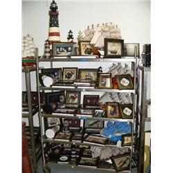 12 lighthouses; 11 model sailing ships; 44 framed items- butterflies, ship models, shells (8888)