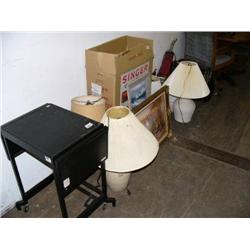 Lot of: 2 original oil paintings; 5 lamps; 2 boxes of books; bowling ball; small TV; basket of misc.