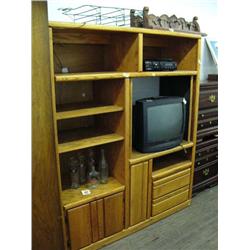2 hand carved wood hanging racks; TV; DVD player; oak entertainment center; 2 end tables; pair of Ke