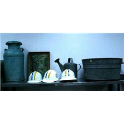 Milk can, watering can, bath tub, 3 Bell Telephone System hard hats, original oil painting of elk (1