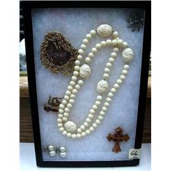 Lot of jewelry: beautifully carved wood cross; assorted costume jewelry (74)