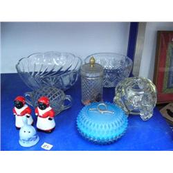 Lot of 6 pieces of glassware: Polish cut glass bowl; blue glass powder dish; salt and pepper shakers