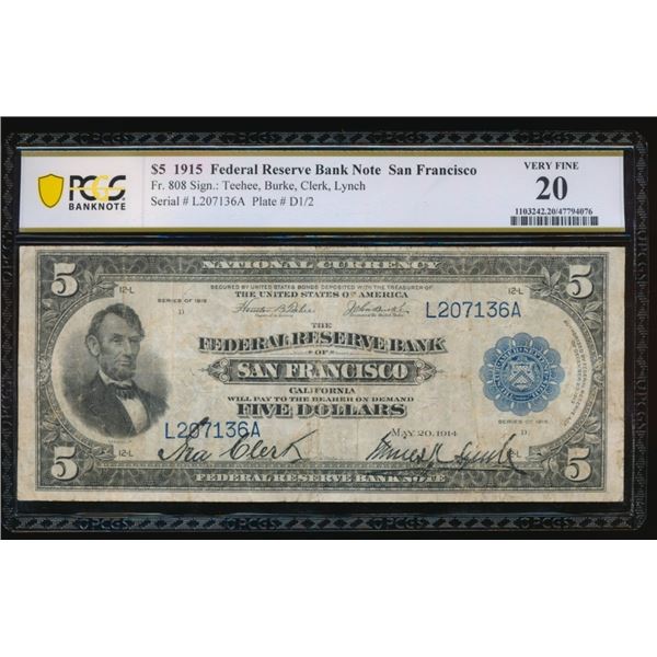 1915 $5 San Francisco FRBN PCGS 20