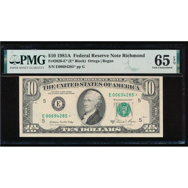 1981A $10 STAR Richmond FRN PMG 65EPQ