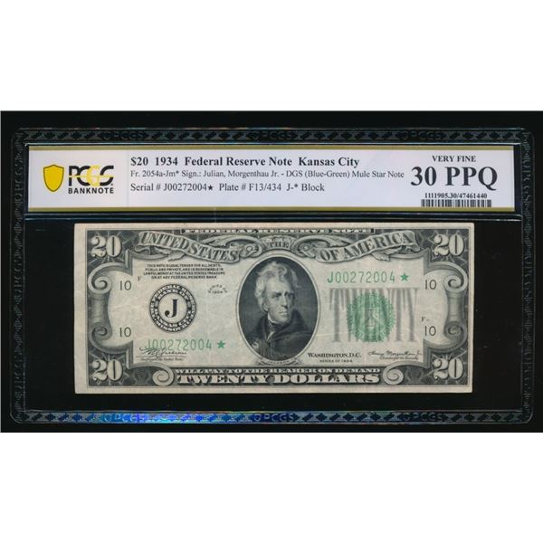 1934 $20 STAR Kansas City FRN PCGS 30PPQ