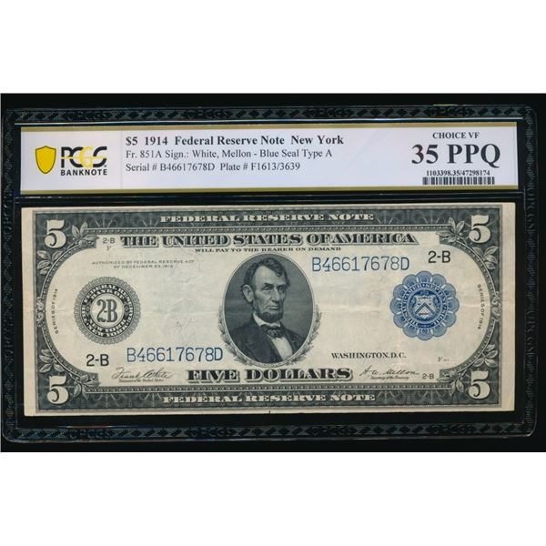1914 $5 New York FRN PCGS 35PPQ