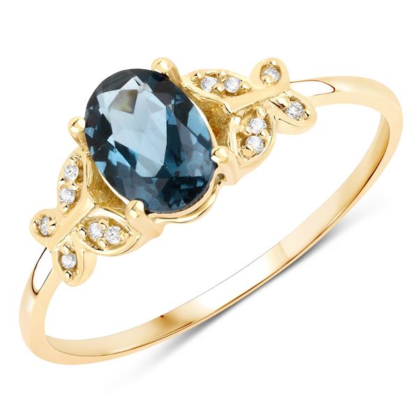 14KT Yellow Gold 0.93ctw London Blue Topaz and White Diamond Ring