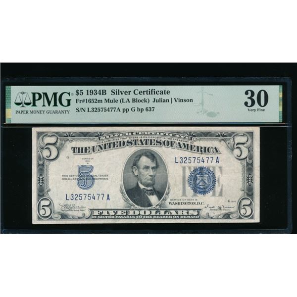 1934B $5 Mule Silver Certificate PMG 30