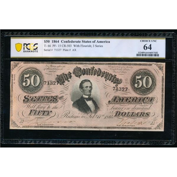 1864 $50 T-66 Confederate PCGS 64