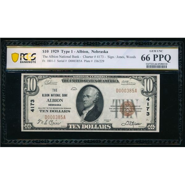 1929 $10 Albion NE National PCGS 66PPQ