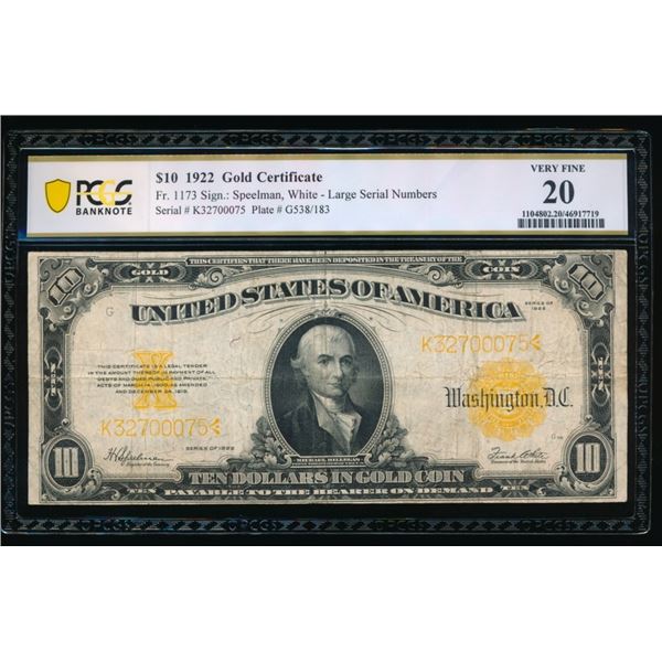1922 $10 Gold Certificate PCGS 20