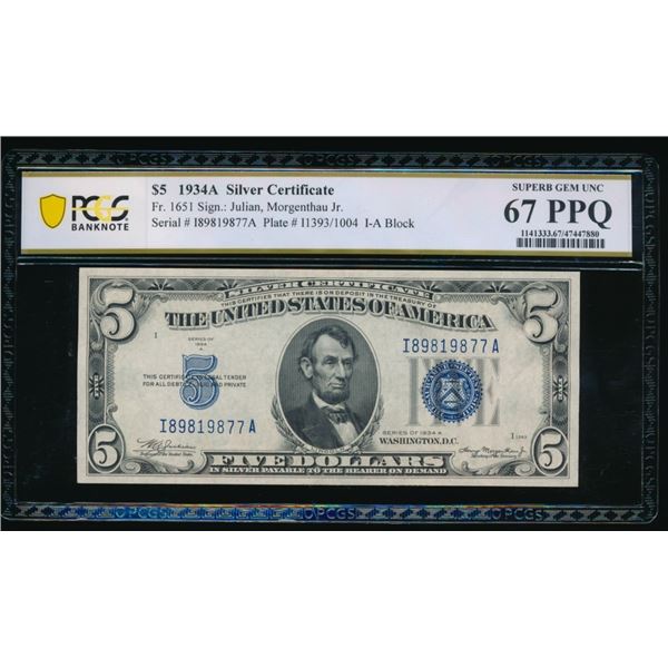1934A $5 Silver Certificate PCGS 67PPQ