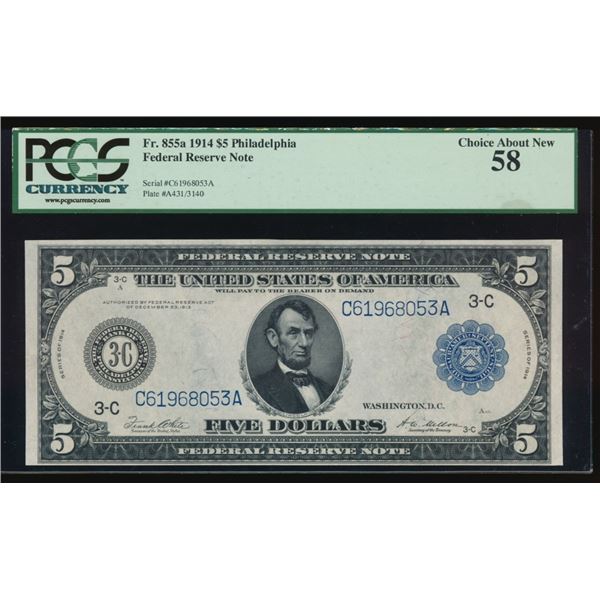 1914 $5 Philadelphia FRN PCGS 58