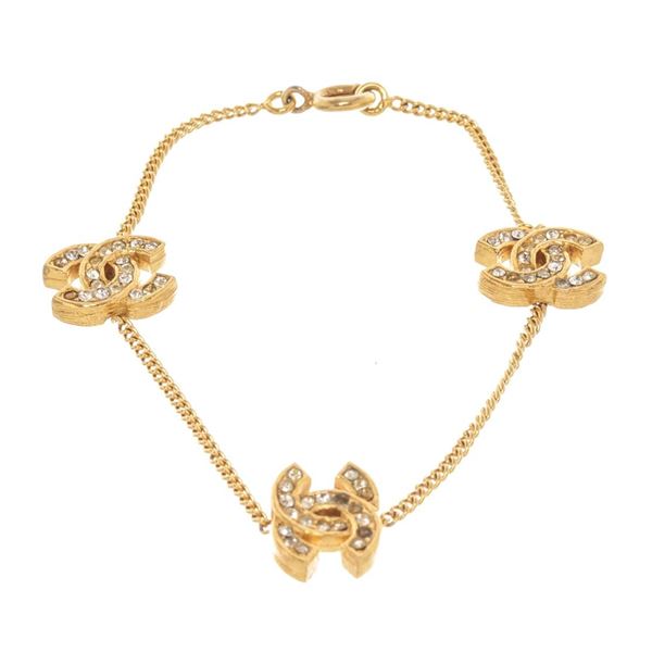 Chanel Gold Plated Brass CC Rhinestone Charm Bracelet