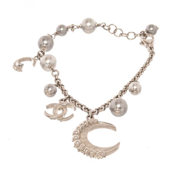 Chanel Gray Faux Pearl Moon Bracelet