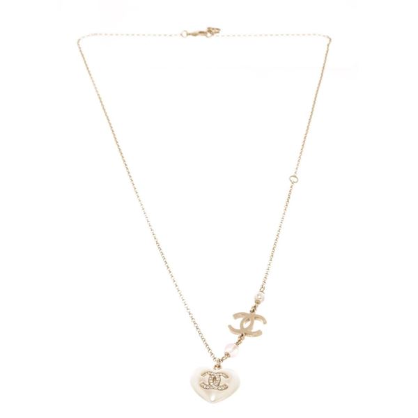 Chanel White Gold Resin Crystal CC Heart Pendant Nacklace