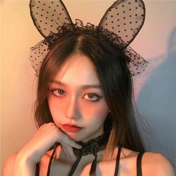 Ladies Bunny Head Headband Black Lace Mask