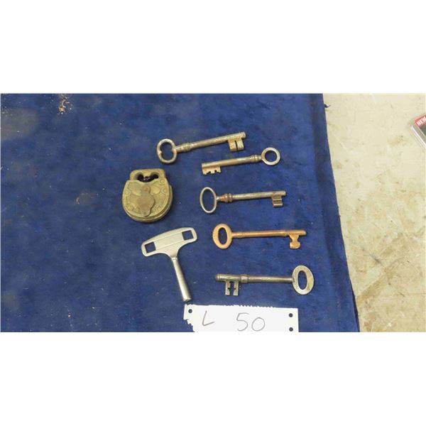 Brass Vintage Padlock & Skeleton Keys