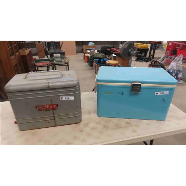 2 Picnic Coolers ; Coleman 13" x 13" x 22" & Vintage Metal 10" x 14" x 18"