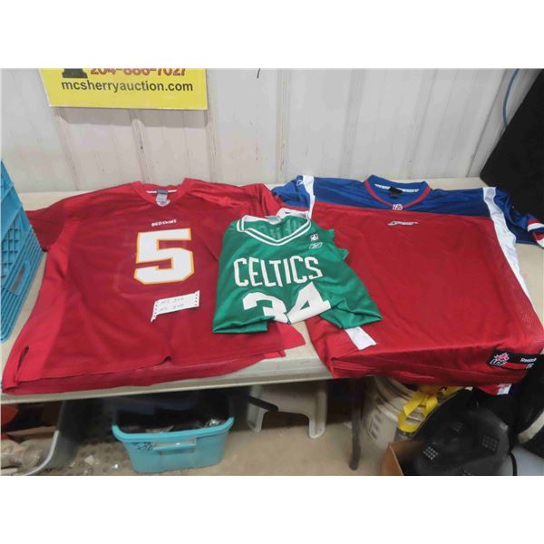 3 Jerseys ; NBA Celtics Sz 2XL, CFL Alouettes Sz XL, NFL Red Skins Sz 50