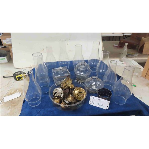 10 Coal Oil Lamp Chimneys, Burners & 3 Bases